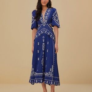 FARM Rio Blue Puff Sleeve V-Neck Sundress